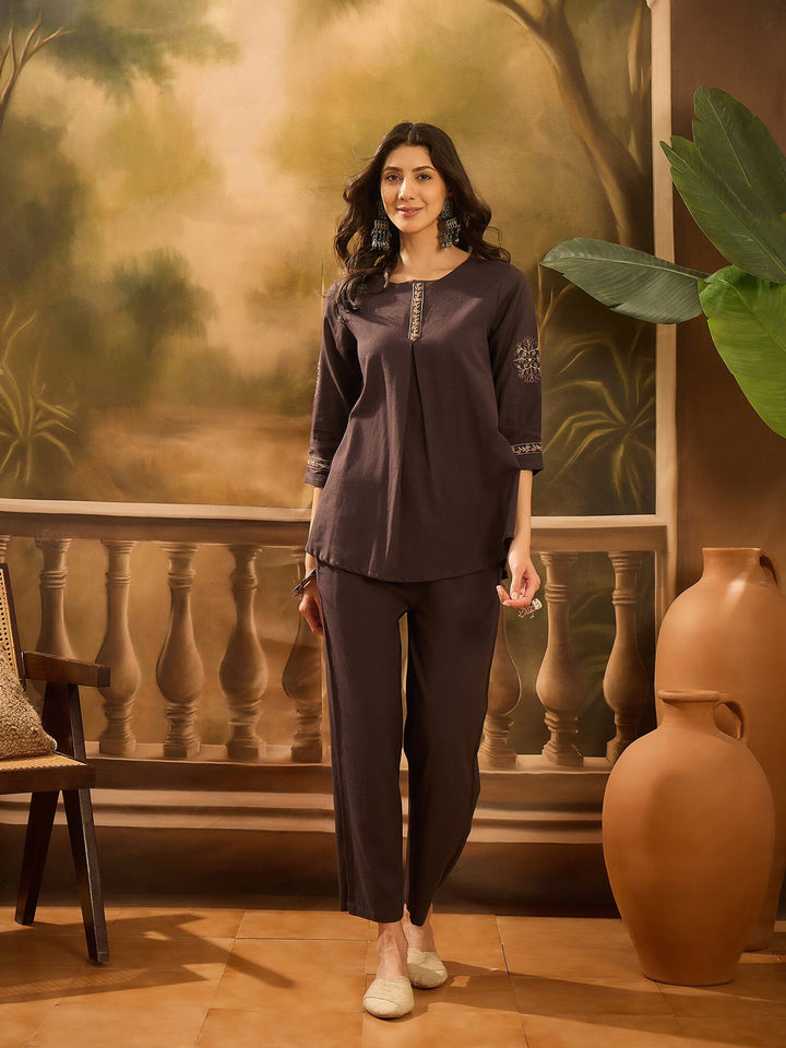 Brown Round Neck Pure Cotton Solid Co-ords Set for Women Co-ord Sets Rangdeep-Fashions 