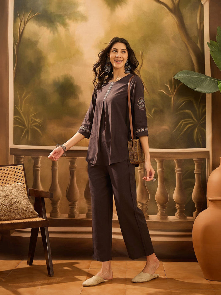 Brown Round Neck Pure Cotton Solid Co-ords Set for Women Co-ord Sets Rangdeep-Fashions 