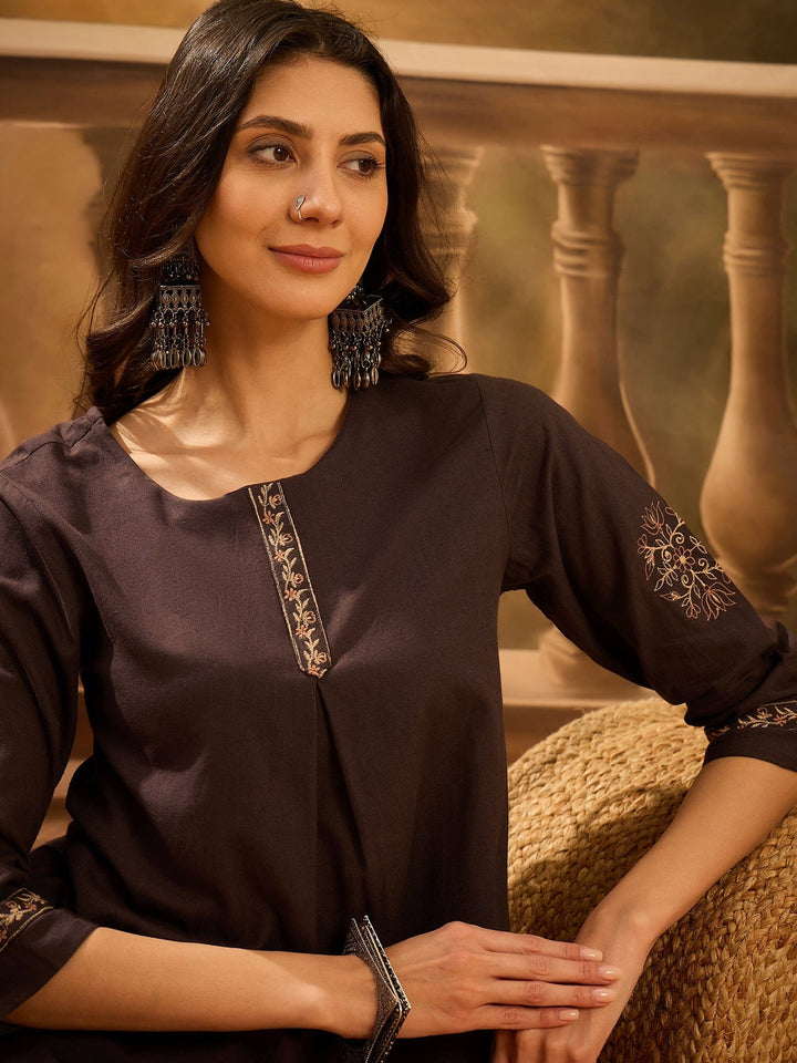 Brown Round Neck Pure Cotton Solid Co-ords Set for Women Co-ord Sets Rangdeep-Fashions 