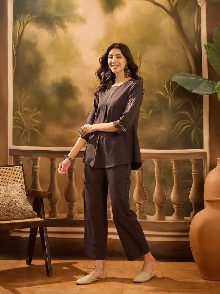 Brown Round Neck Pure Cotton Solid Co-ords Set for Women Co-ord Sets Rangdeep-Fashions 