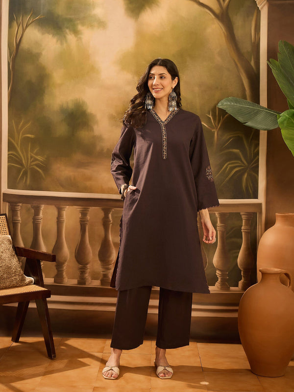 Brown V-Neck Solid Cotton Kurta Set for Women Kurta set Rangdeep 