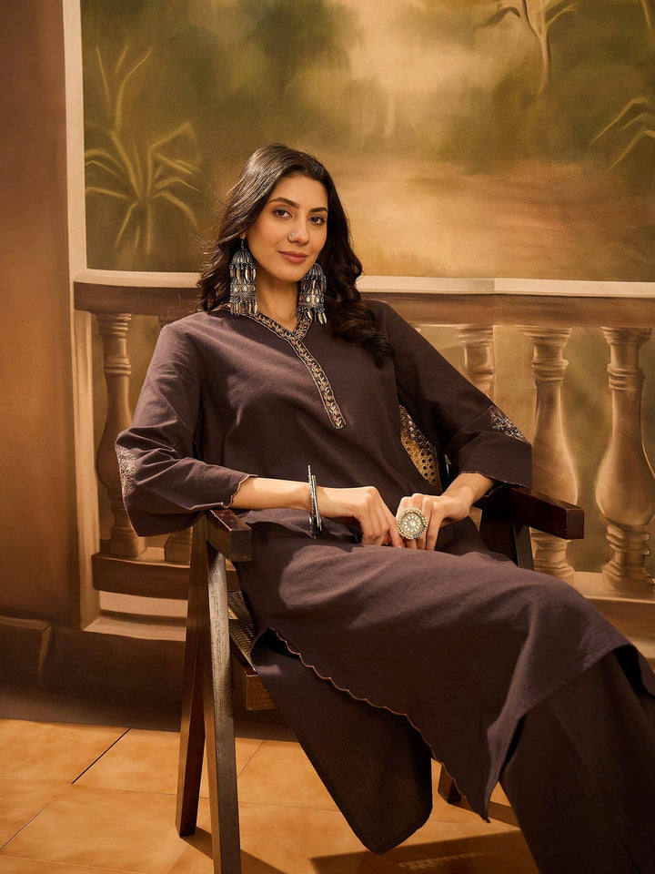 Brown V-Neck Solid Cotton Kurta Set for Women Kurta set Rangdeep 