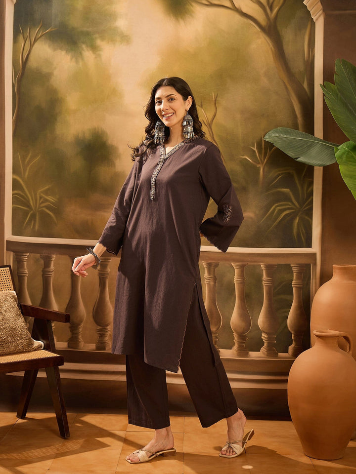 Brown V-Neck Solid Cotton Kurta Set for Women Kurta set Rangdeep 