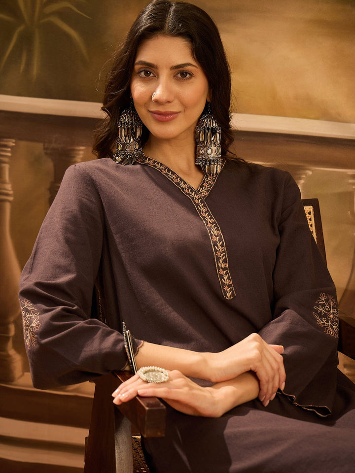 Brown V-Neck Solid Cotton Kurta Set for Women Kurta set Rangdeep 