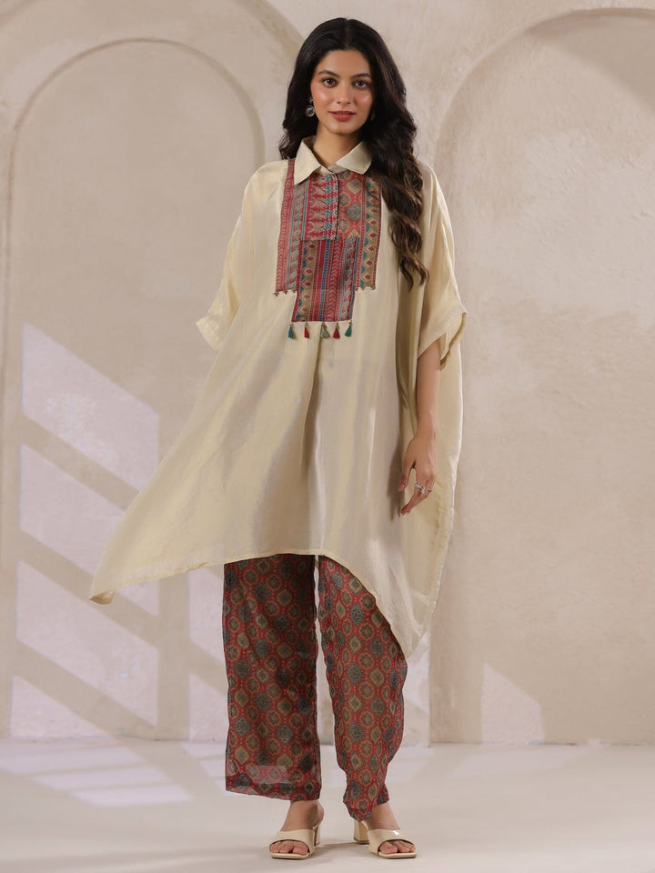Cream Kaftan Co-ord Set with Embroidered and Printed Pants Co-ord Sets Rangdeep 