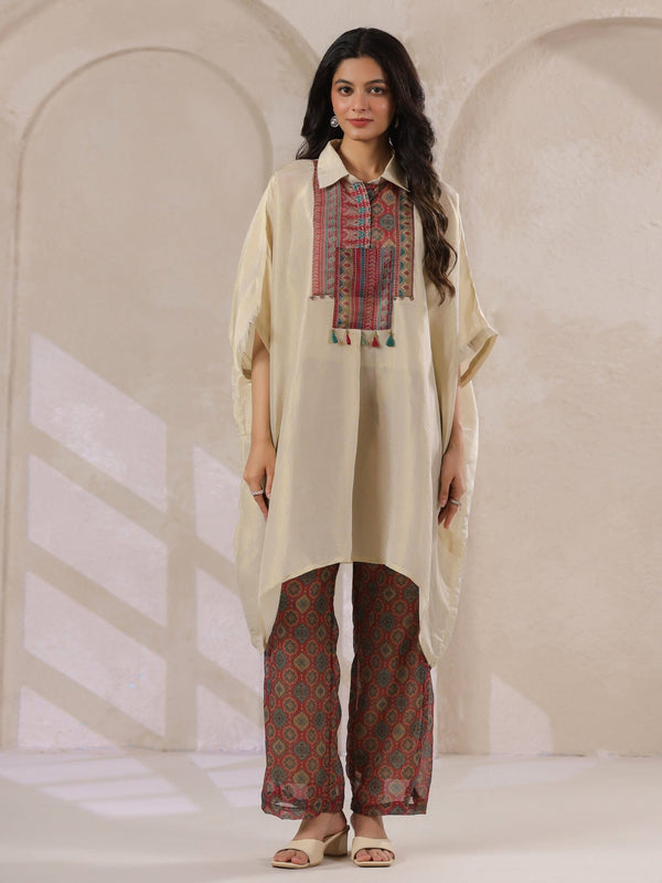 Cream Kaftan Co-ord Set with Embroidered and Printed Pants Co-ord Sets Rangdeep 
