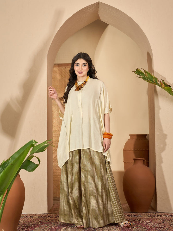 Cream Round Neck Viscose Rayon Co-ords Set for Women Co-ord Sets Rangdeep-Fashions 