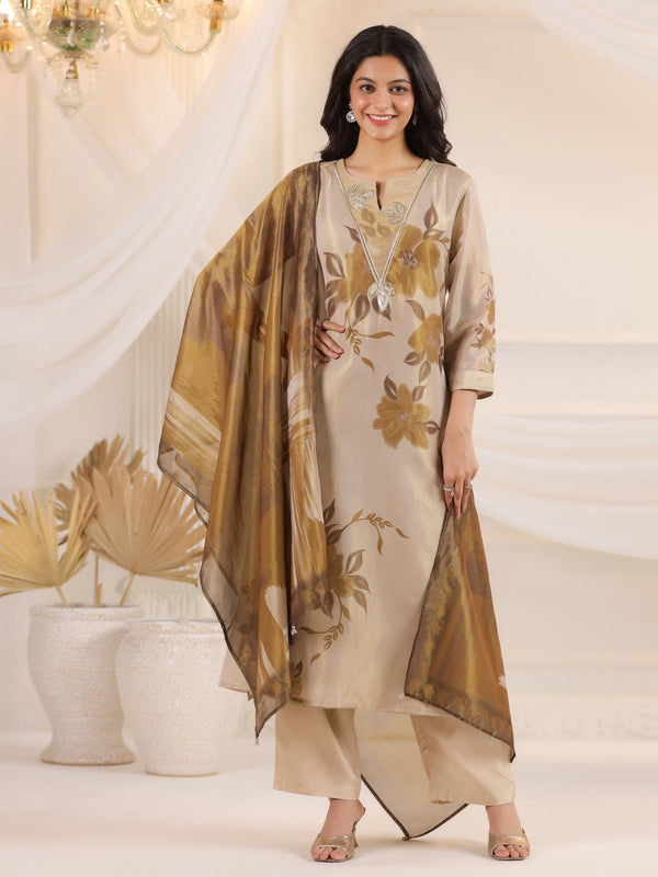 Cream V-Neck Floral Printed Tissue Kurta Set With Dupatta Kurta set Rangdeep 
