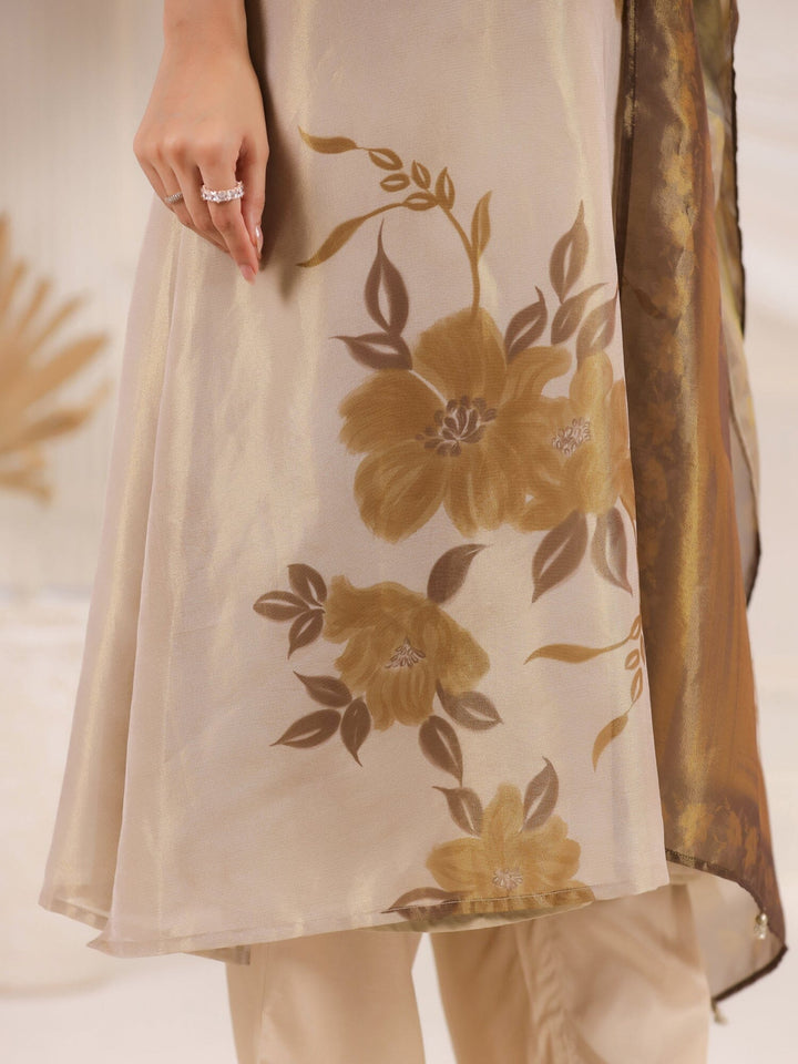 Cream V-Neck Floral Printed Tissue Kurta Set With Dupatta Kurta set Rangdeep 