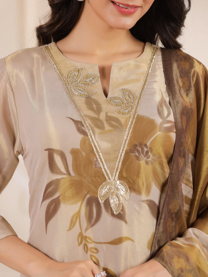 Cream V-Neck Floral Printed Tissue Kurta Set With Dupatta Kurta set Rangdeep 