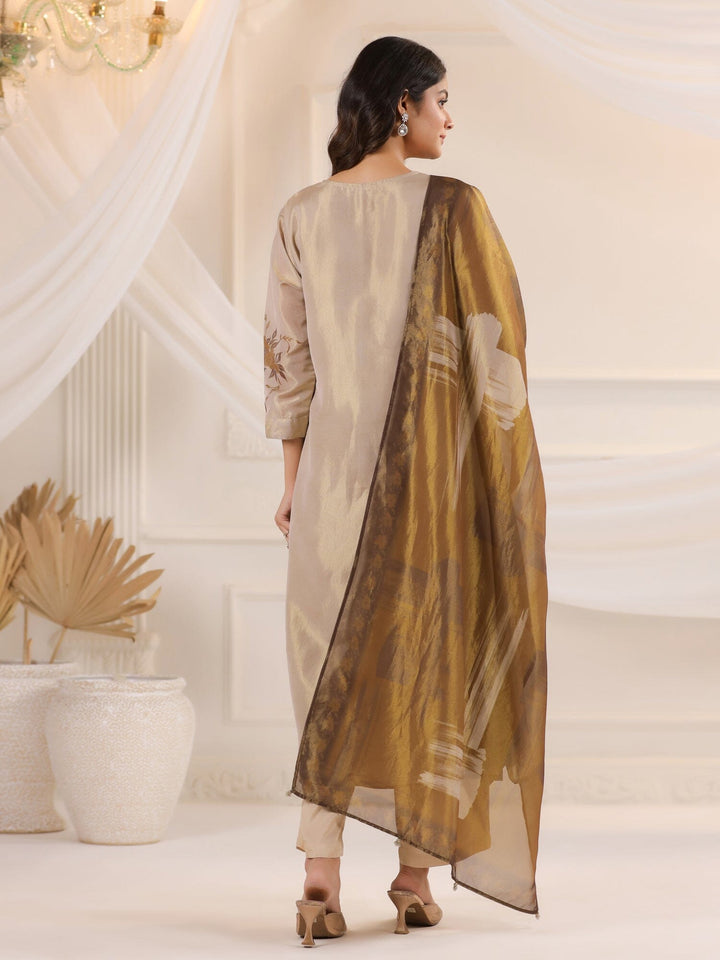 Cream V-Neck Floral Printed Tissue Kurta Set With Dupatta Kurta set Rangdeep 