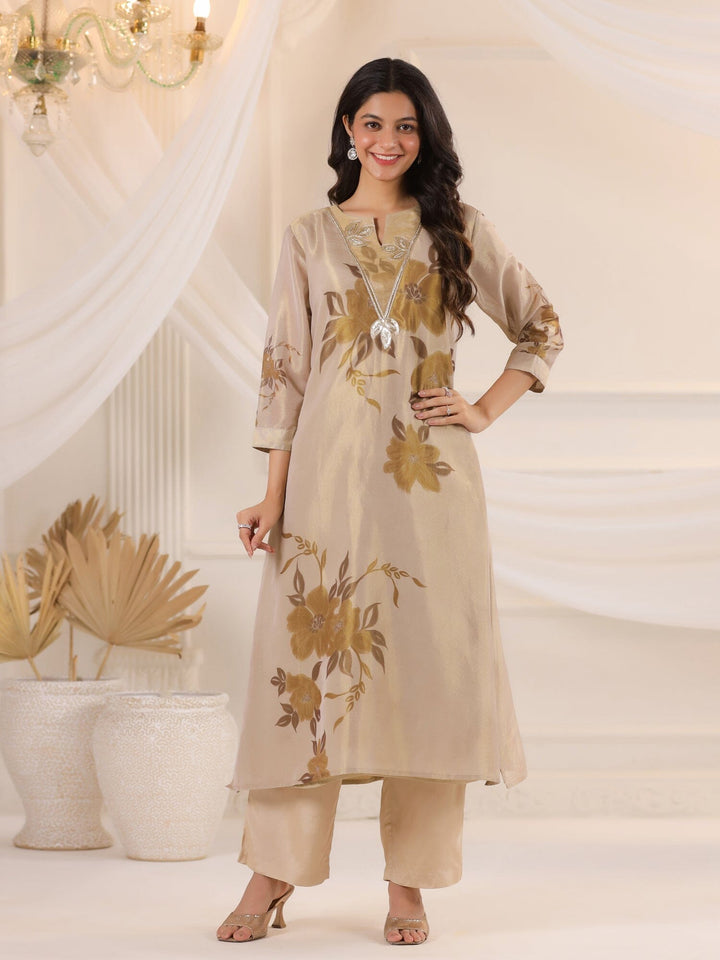 Cream V-Neck Floral Printed Tissue Kurta Set With Dupatta Kurta set Rangdeep 