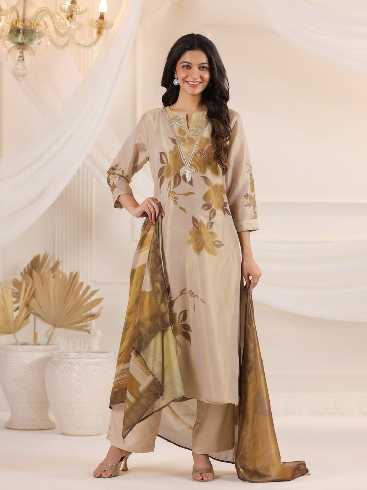 Cream V-Neck Floral Printed Tissue Kurta Set With Dupatta Kurta set Rangdeep 