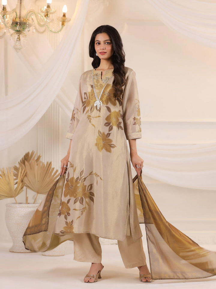 Cream V-Neck Floral Printed Tissue Kurta Set With Dupatta Kurta set Rangdeep 