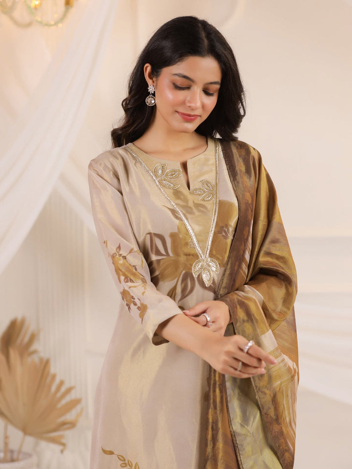 Cream V-Neck Floral Printed Tissue Kurta Set With Dupatta Kurta set Rangdeep 