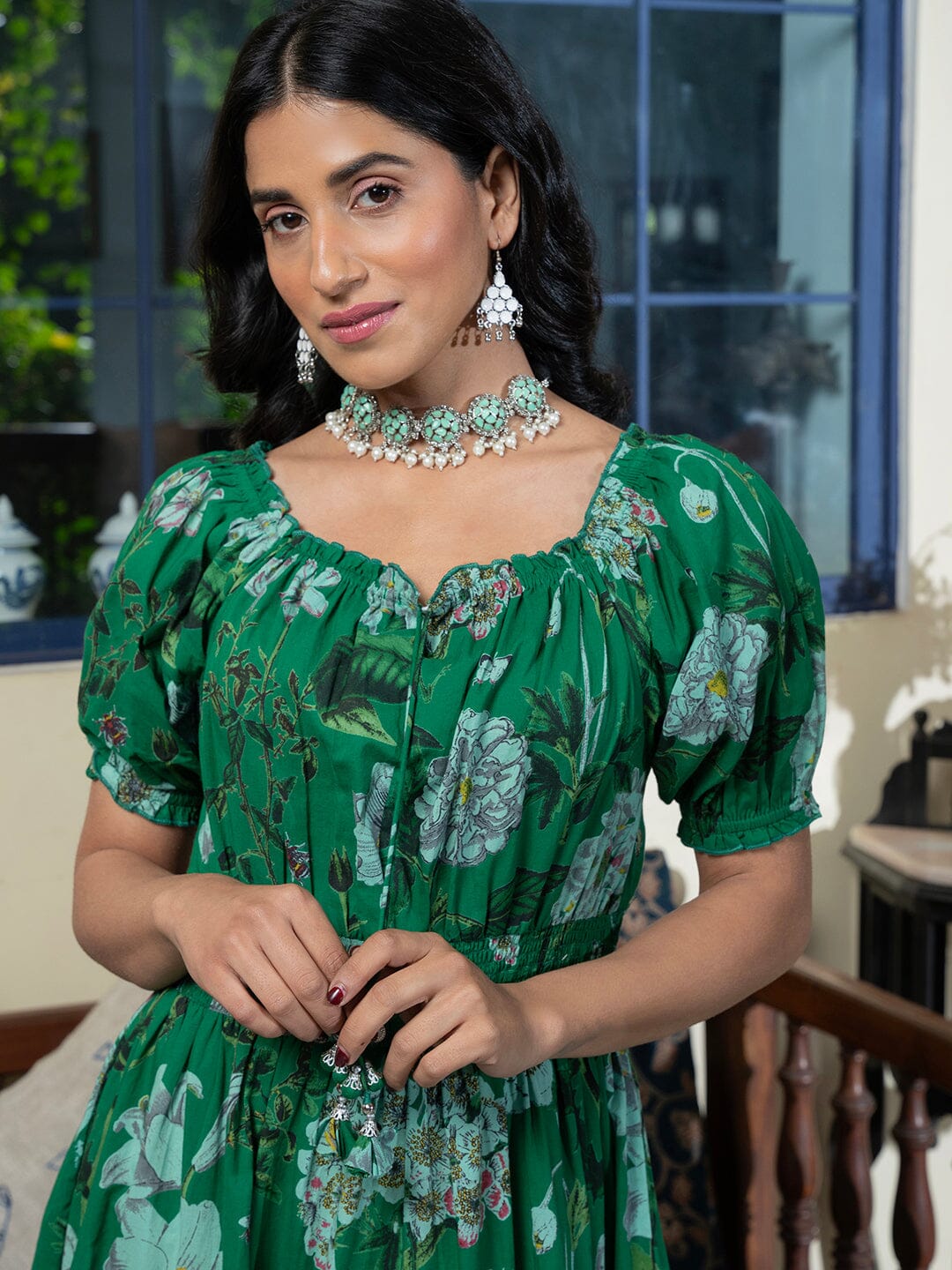 Floral Printed Puff Sleeve Smocked Cotton Tiered Fit & Flare Dresses dress Sanskruti Homes 