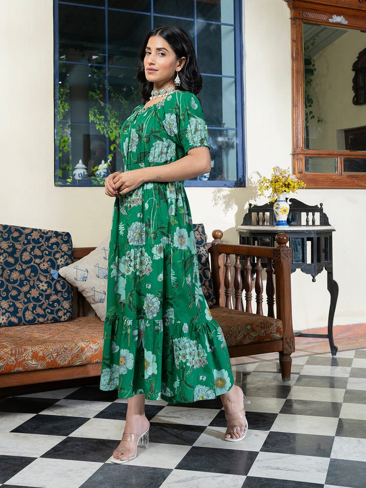 Floral Printed Puff Sleeve Smocked Cotton Tiered Fit & Flare Dresses dress Sanskruti Homes 