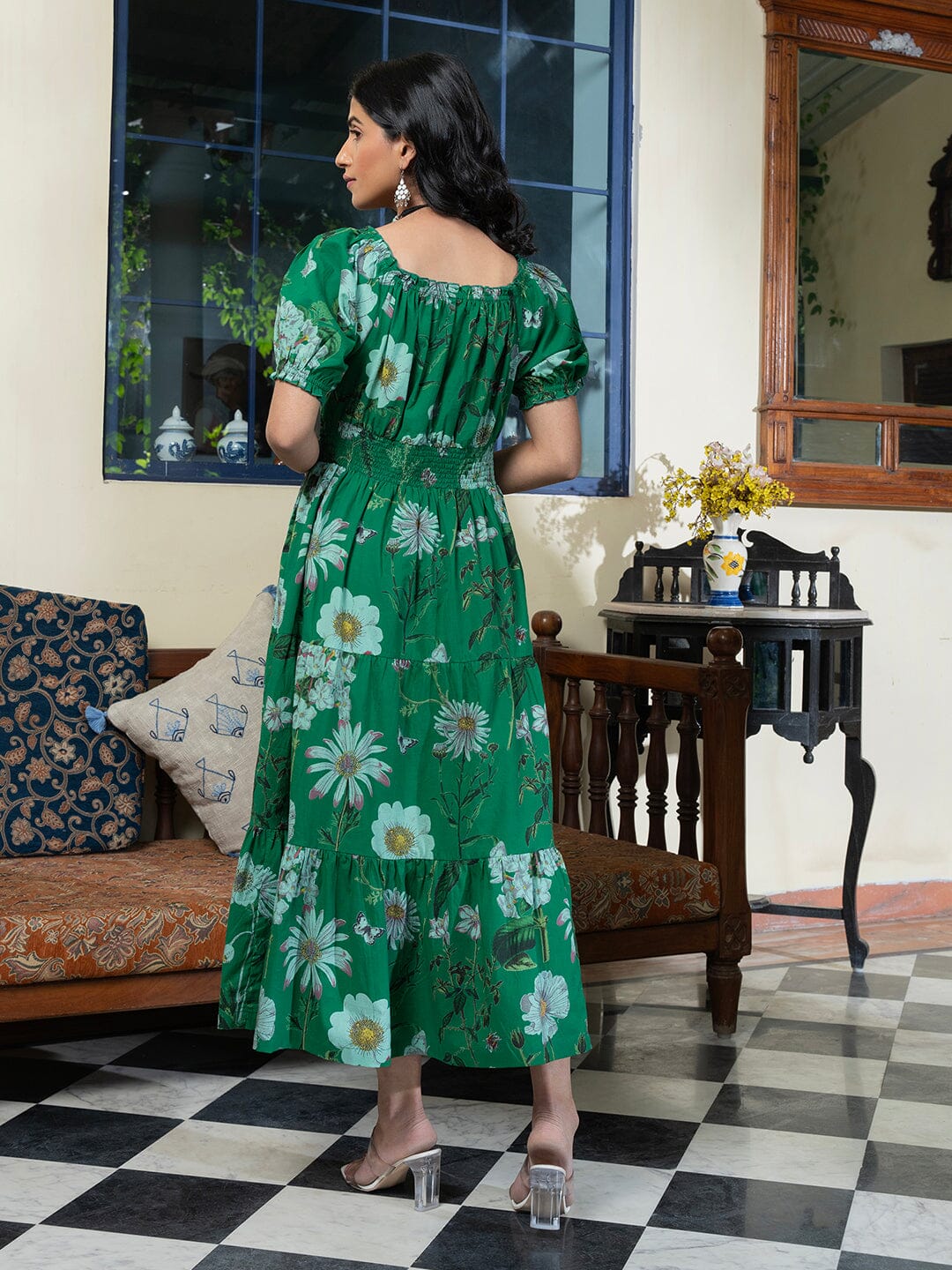 Floral Printed Puff Sleeve Smocked Cotton Tiered Fit & Flare Dresses dress Sanskruti Homes 