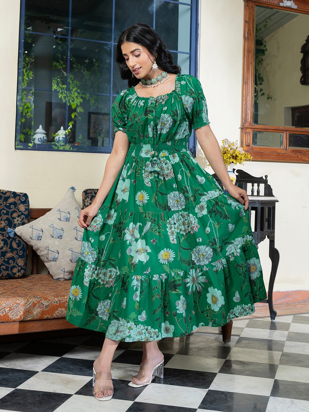 Floral Printed Puff Sleeve Smocked Cotton Tiered Fit & Flare Dresses dress Sanskruti Homes 