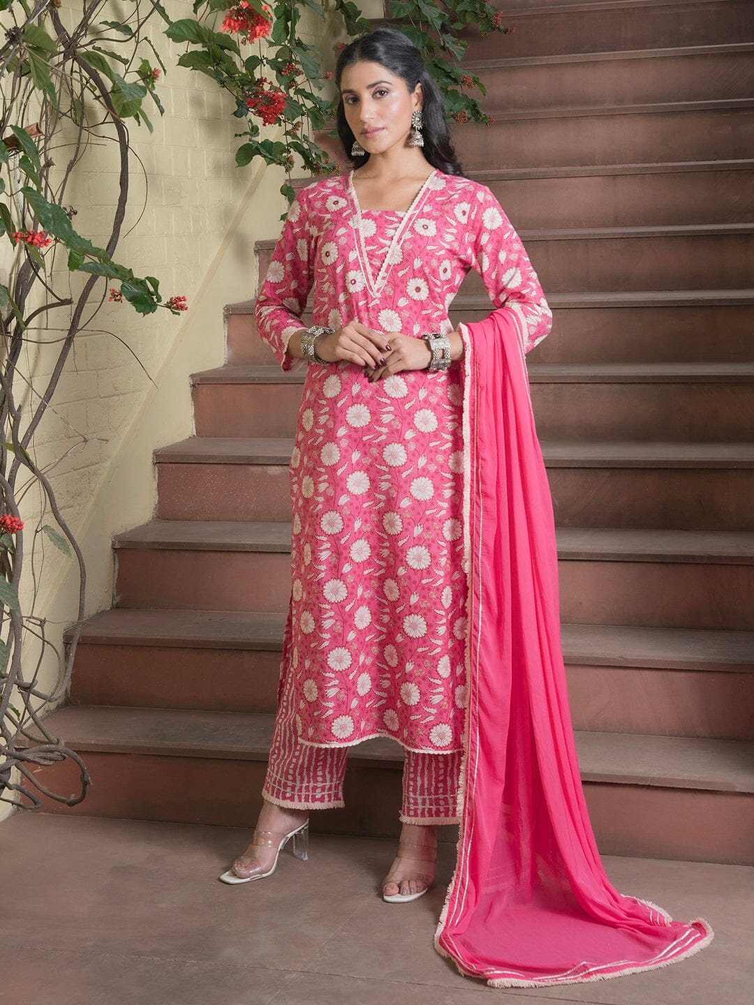 Floral Printed Pure Cotton Straight Kurta With Trousers & Dupatta muslin kurta Rangdeep-Fashions 