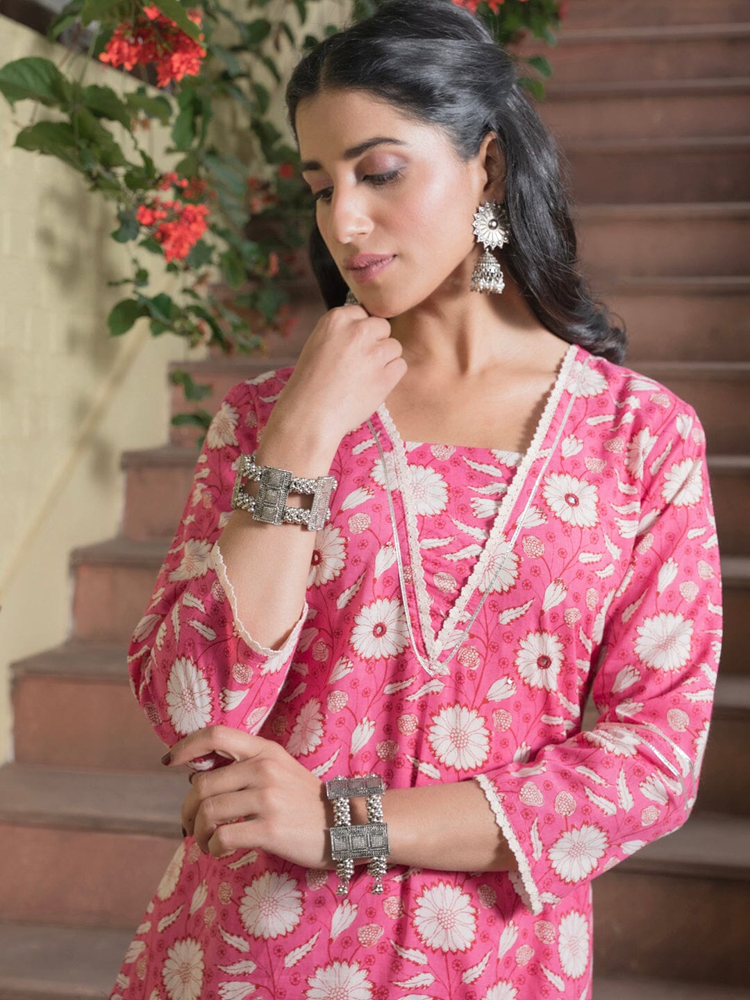 Floral Printed Pure Cotton Straight Kurta With Trousers & Dupatta muslin kurta Rangdeep-Fashions 