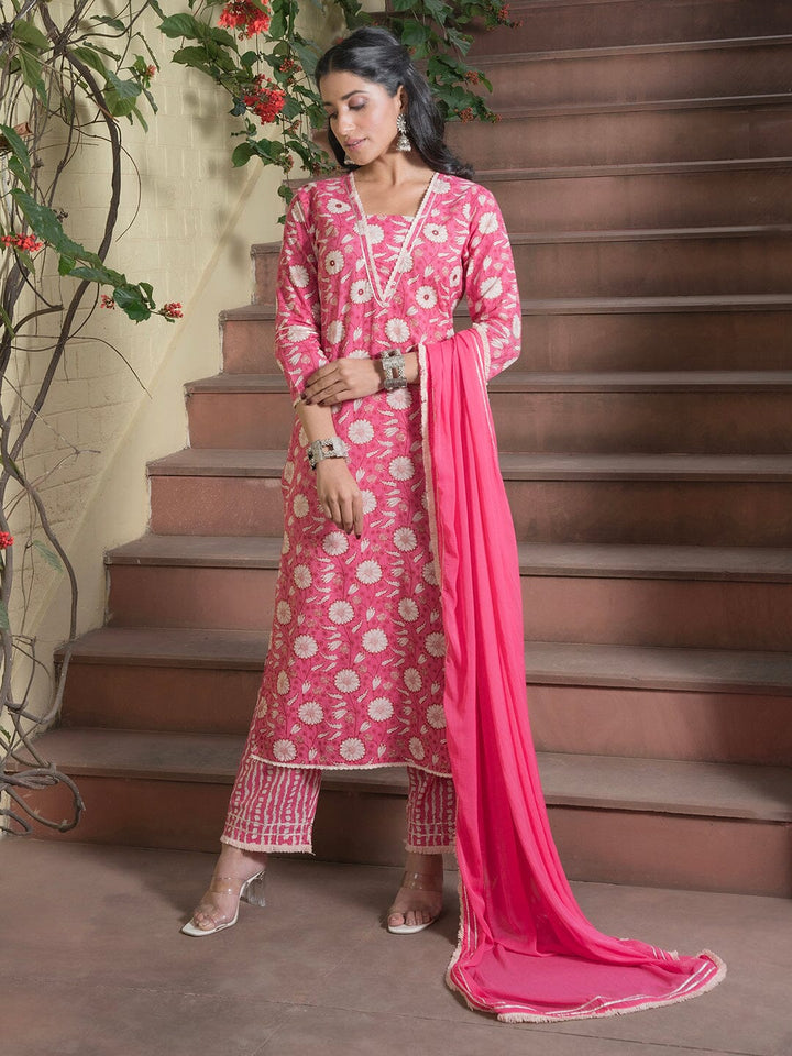 Floral Printed Pure Cotton Straight Kurta With Trousers & Dupatta muslin kurta Rangdeep-Fashions 