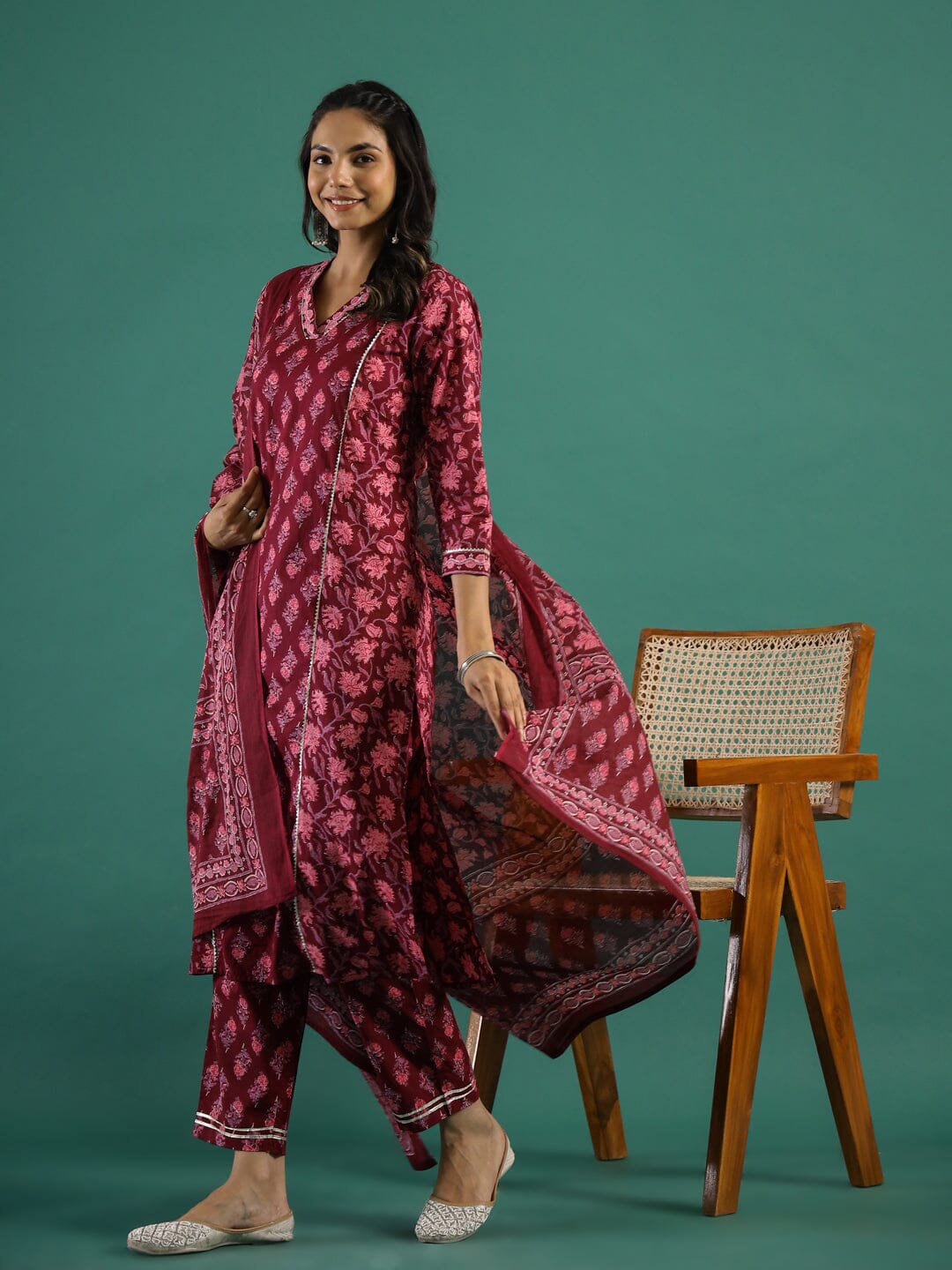 Floral Printed Regular Gotta Patti Pure Cotton Kurta with Trousers & With Dupatta muslin kurta Rangdeep-Fashions 