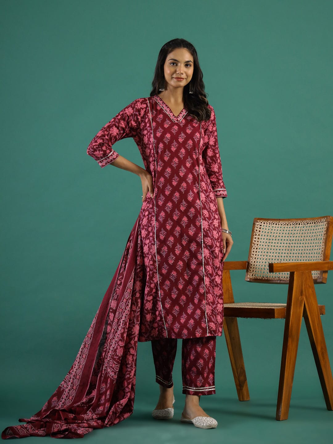 Floral Printed Regular Gotta Patti Pure Cotton Kurta with Trousers & With Dupatta muslin kurta Rangdeep-Fashions 