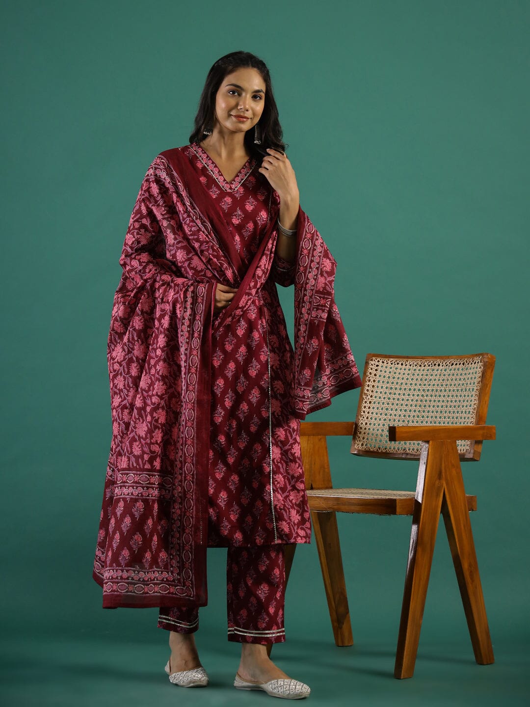 Floral Printed Regular Gotta Patti Pure Cotton Kurta with Trousers & With Dupatta muslin kurta Rangdeep-Fashions 