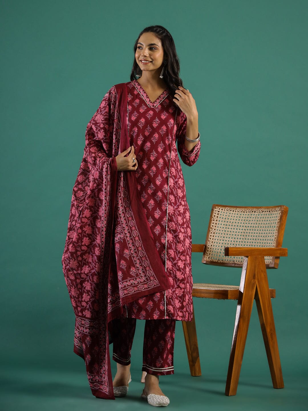 Floral Printed Regular Gotta Patti Pure Cotton Kurta with Trousers & With Dupatta muslin kurta Rangdeep-Fashions 