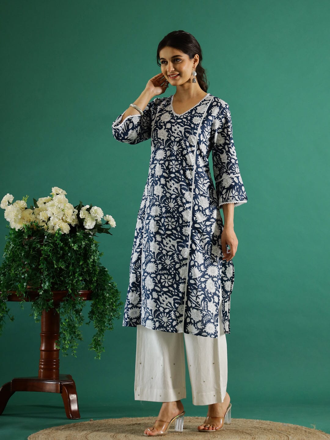 Floral Printed Round Neck Kurta for Women Kurti SANSKRUTI HOMES 