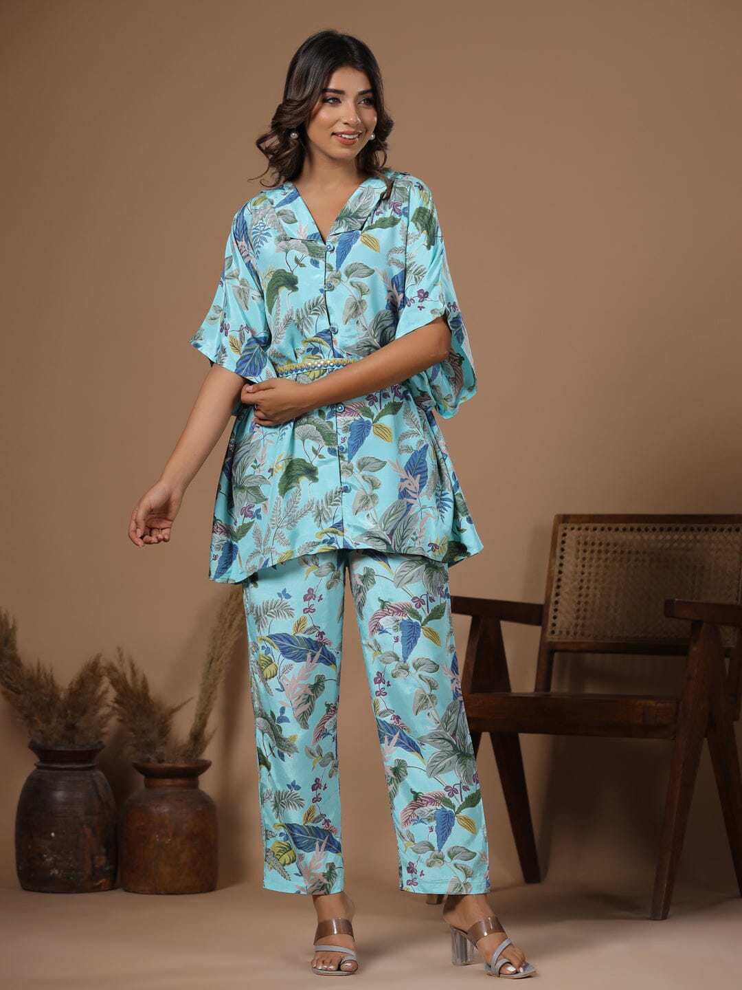 Floral Printed Silk Blend Kaftan Kurta with Trousers Kurti Dupatta set Pant Rangdeep-Fashions 