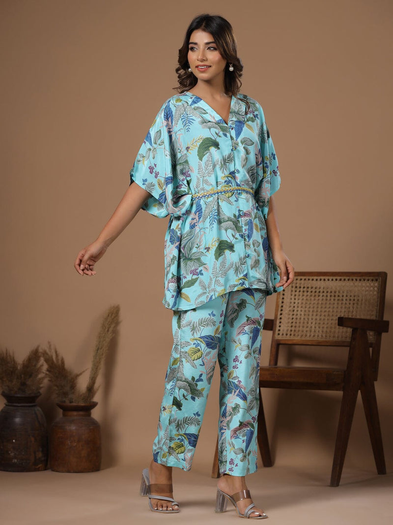 Floral Printed Silk Blend Kaftan Kurta with Trousers Kurti Dupatta set Pant Rangdeep-Fashions 