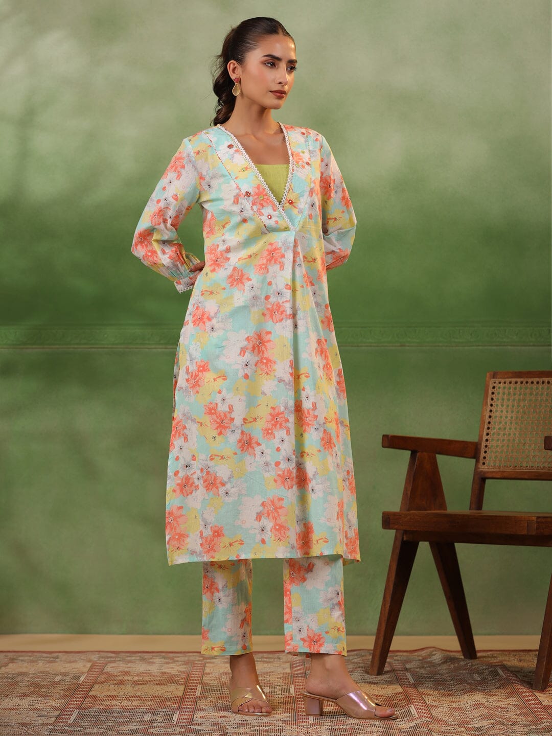 Floral Printed V-Neck Cotton Kurta Set Kurti set Rangdeep-Fashions 