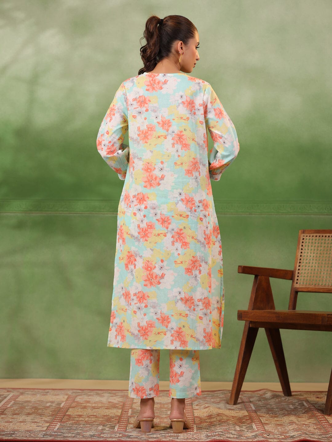 Floral Printed V-Neck Cotton Kurta Set Kurti set Rangdeep-Fashions 