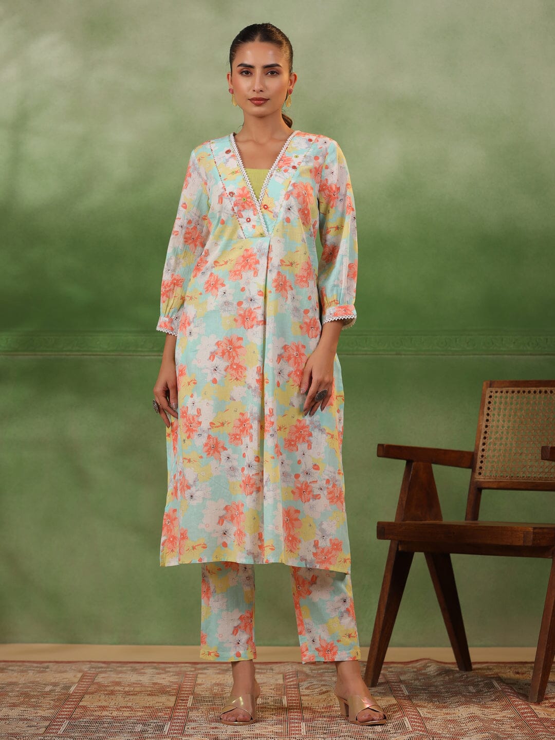 Floral Printed V-Neck Cotton Kurta Set Kurti set Rangdeep-Fashions 