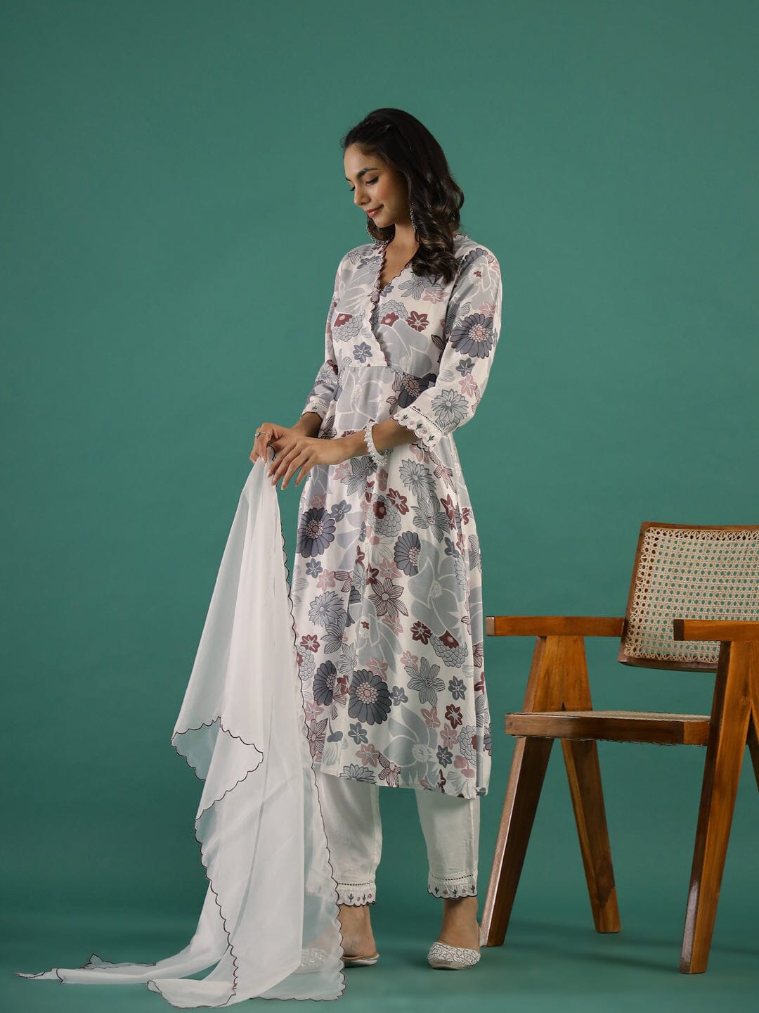 Floral Printed V-Neck Cotton Kurta Set Kurti set Rangdeep-Fashions 