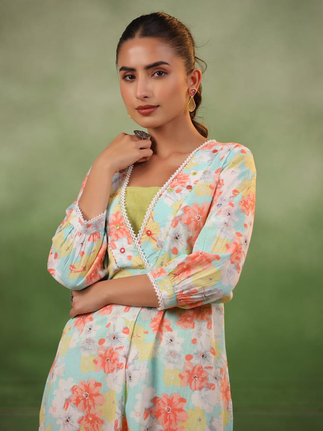 Floral Printed V-Neck Cotton Kurta Set Kurti set Rangdeep-Fashions 