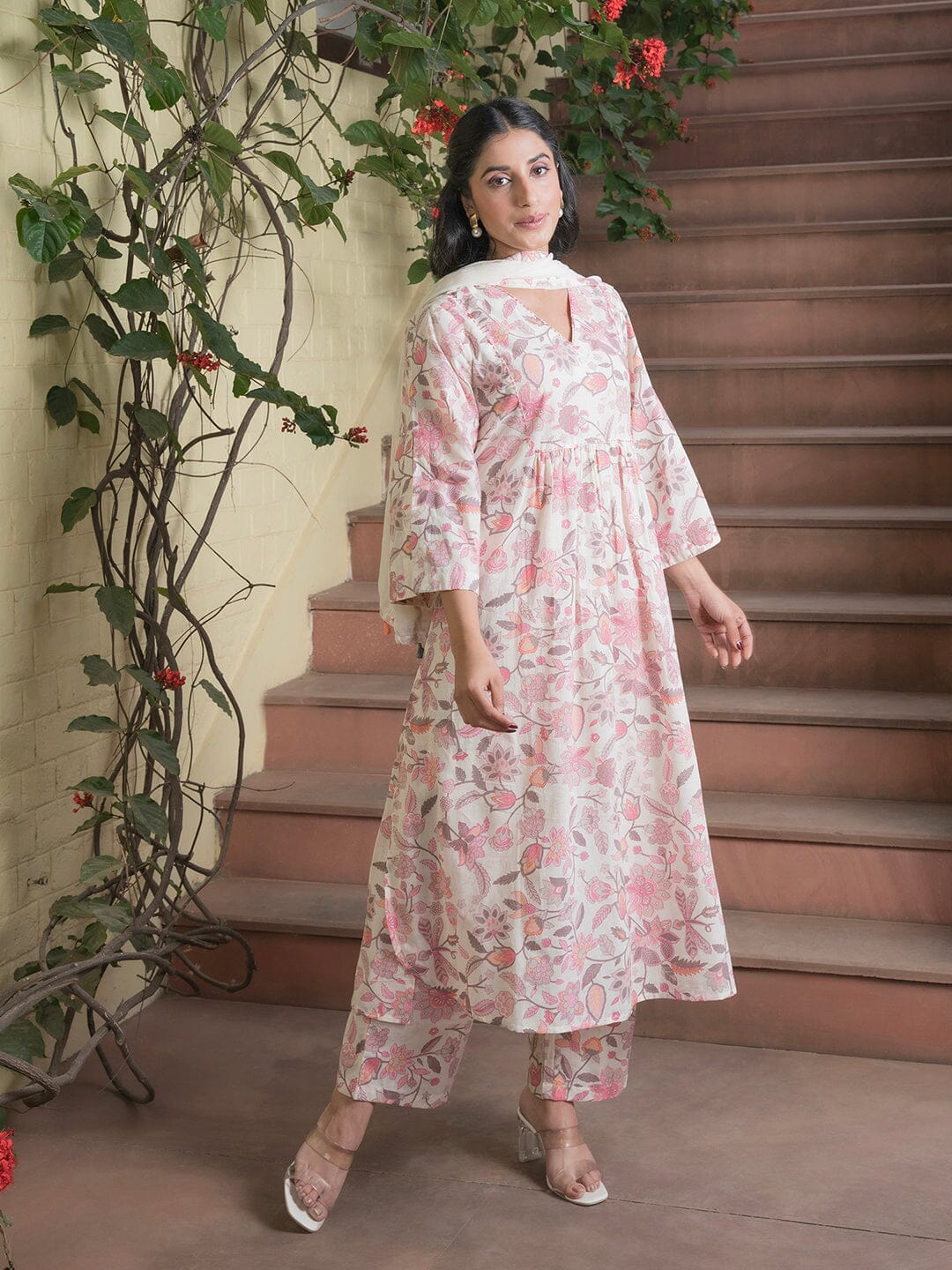 Floral Printed V-Neck Cotton Kurta Set Kurti set SANSKRUTI HOMES 