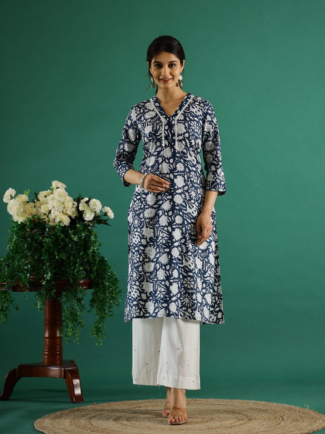 Floral Printed V-Neck Kurta for Women Kurti SANSKRUTI HOMES 