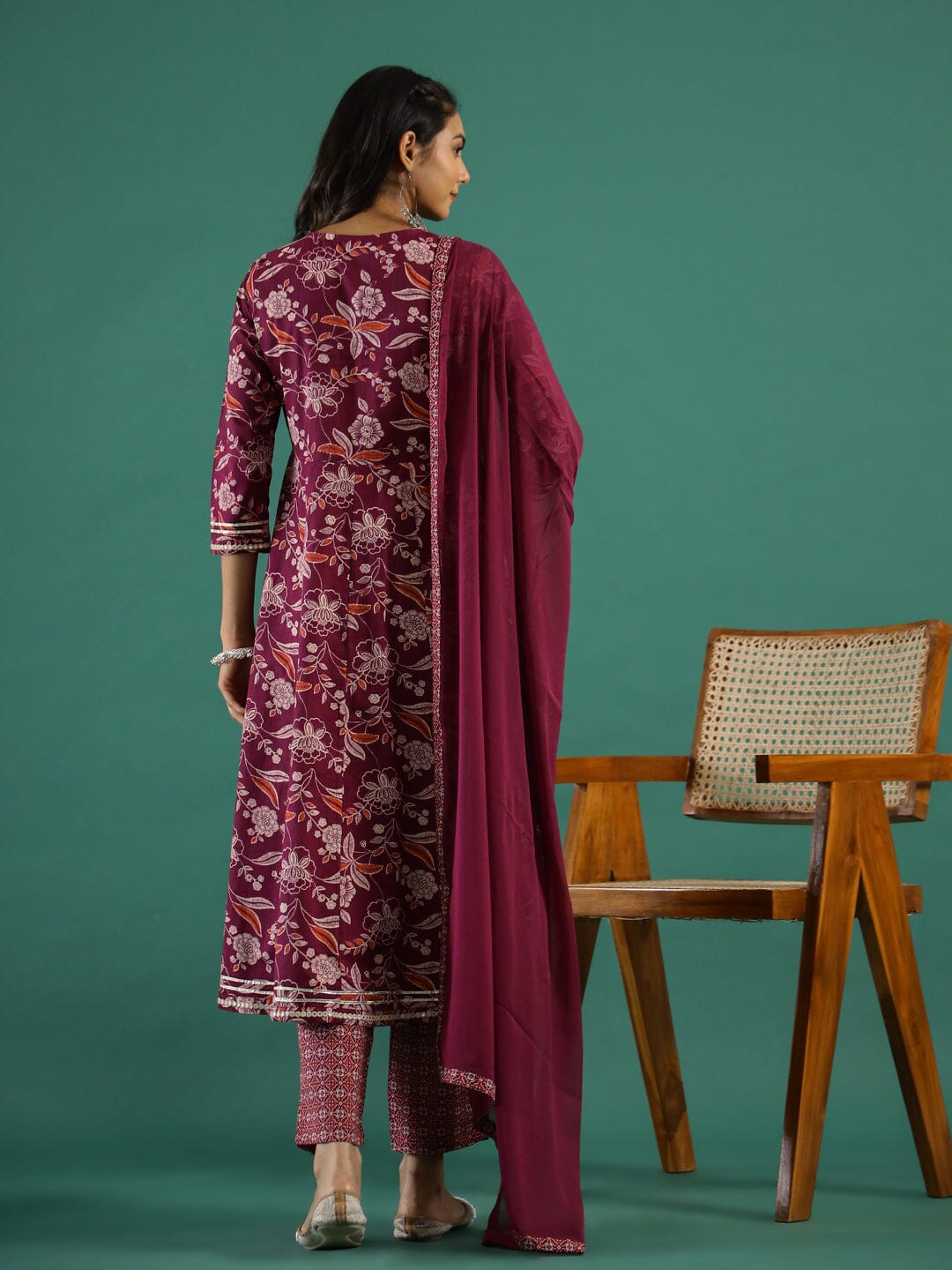 Floral Printed V-Neck Pure Cotton Anarkali Kurta With Trousers & Dupatta muslin kurta Rangdeep-Fashions 