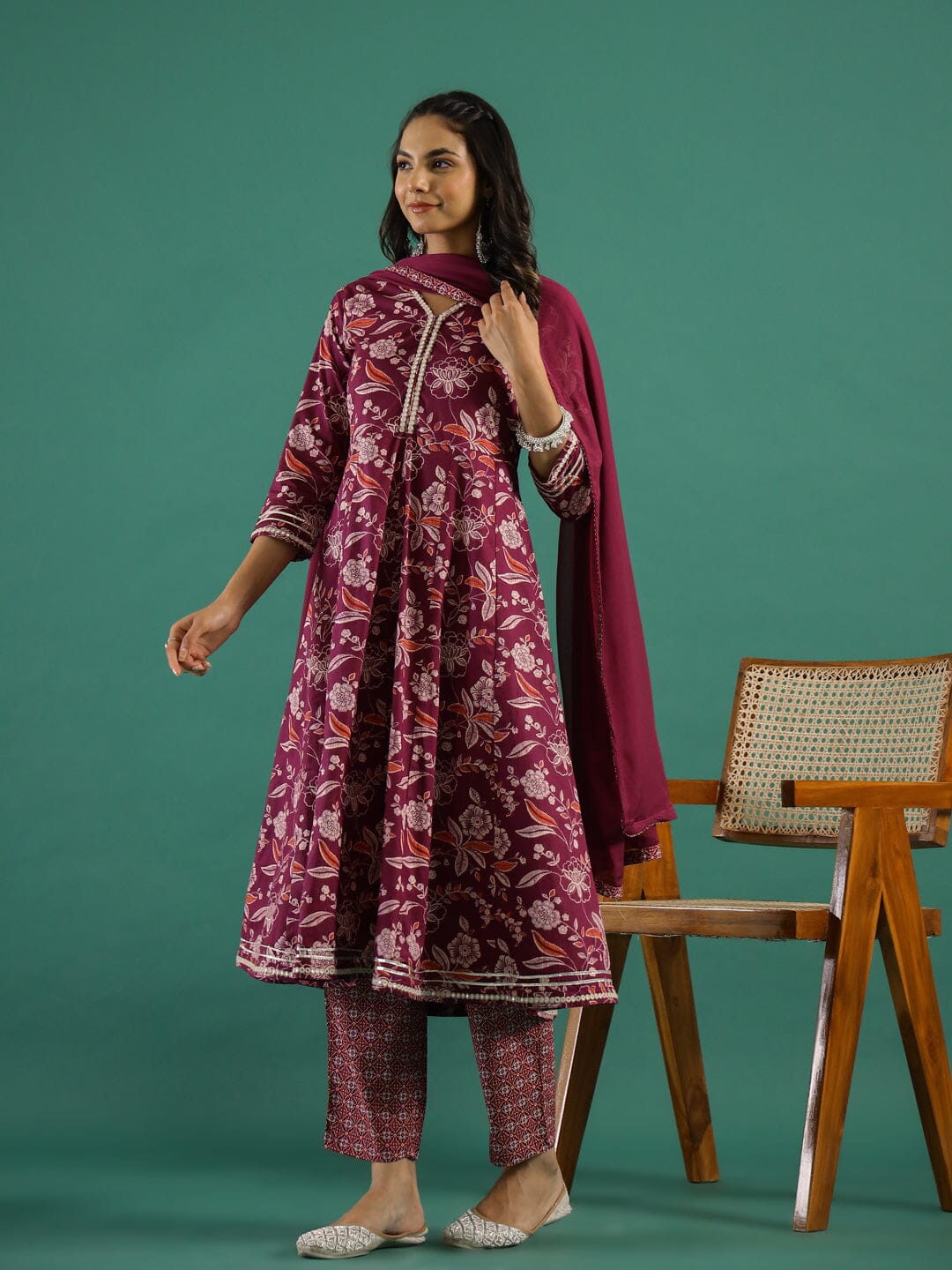 Floral Printed V-Neck Pure Cotton Anarkali Kurta With Trousers & Dupatta muslin kurta Rangdeep-Fashions 