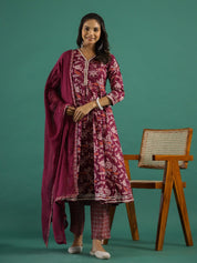 Floral Printed V-Neck Pure Cotton Anarkali Kurta With Trousers & Dupatta muslin kurta Rangdeep-Fashions 