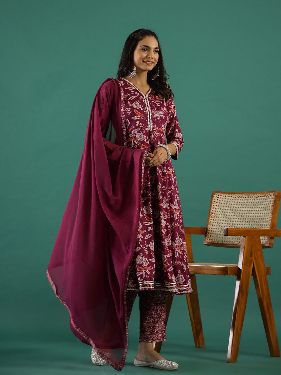 Floral Printed V-Neck Pure Cotton Anarkali Kurta With Trousers & Dupatta muslin kurta Rangdeep-Fashions 