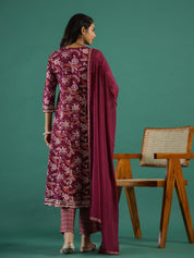 Floral Printed V-Neck Pure Cotton Anarkali Kurta With Trousers & Dupatta muslin kurta Rangdeep-Fashions 