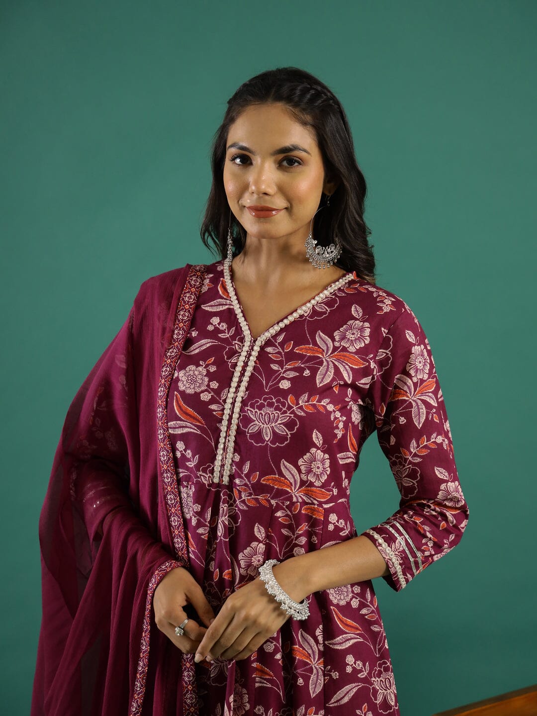 Floral Printed V-Neck Pure Cotton Anarkali Kurta With Trousers & Dupatta muslin kurta Rangdeep-Fashions 