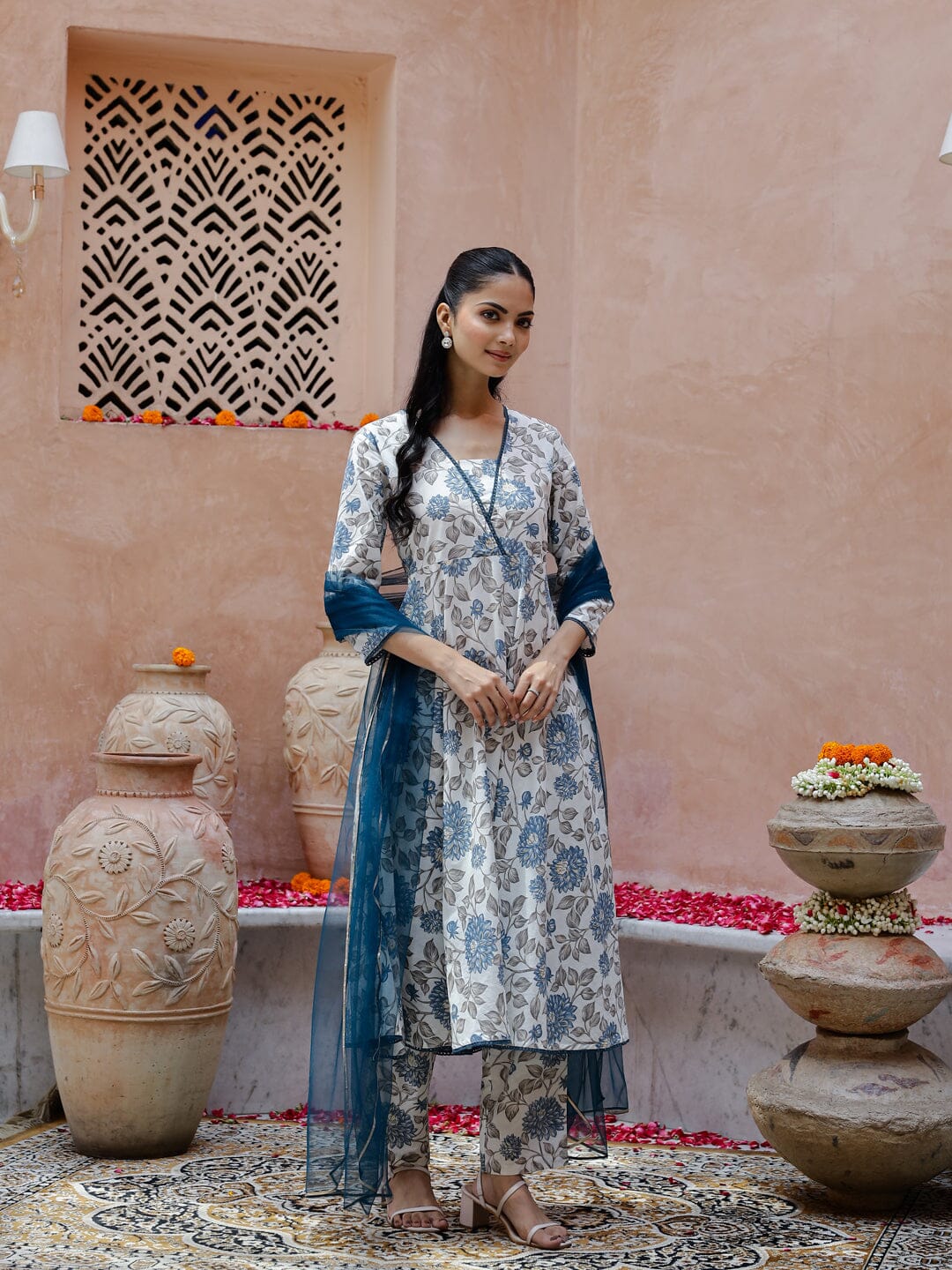 Flower Printed Cotton Kurta with Dupatta Kurti set Rangdeep-Fashions 