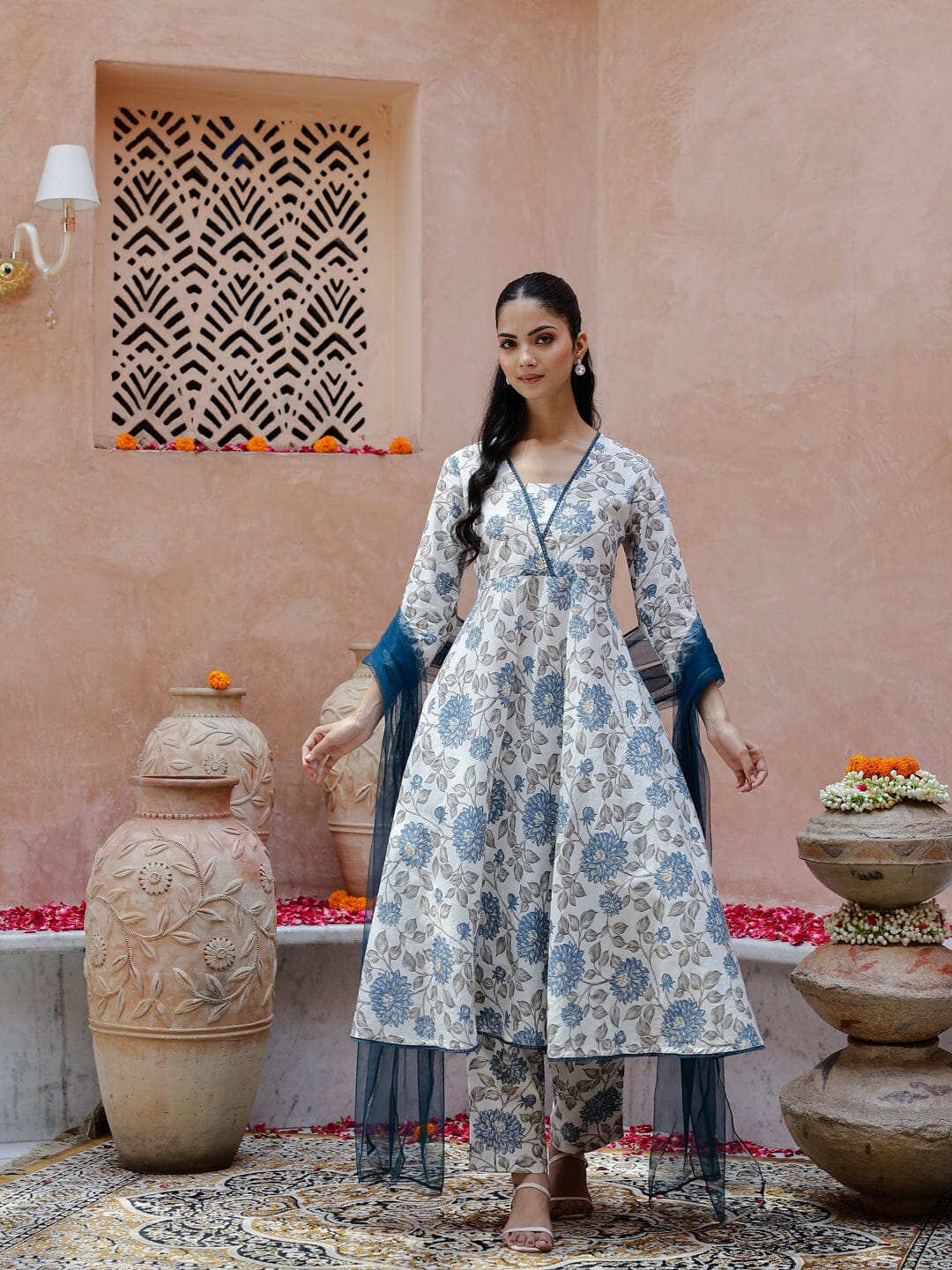 Flower Printed Cotton Kurta with Dupatta Kurti set Rangdeep-Fashions 