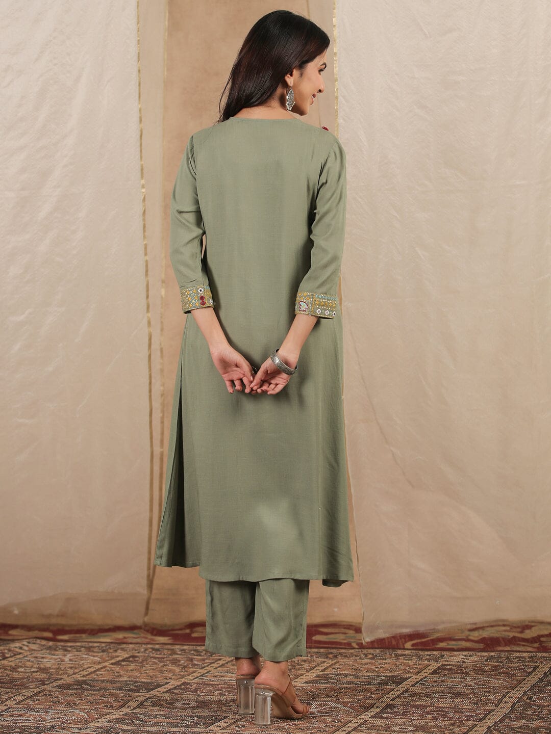 Green A-Line Angrakha Rayon Slub 3 pcs Kurta Set Kurti Dupatta set Pant Rangdeep-Fashions 