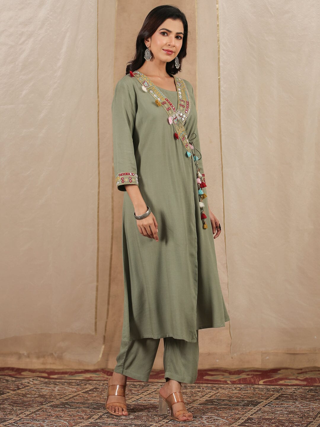 Green A-Line Angrakha Rayon Slub 3 pcs Kurta Set Kurti Dupatta set Pant Rangdeep-Fashions 